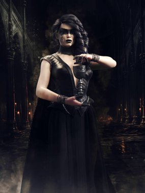 Karanlık bir mahzende mumlarla sihirli iksirle bir kadehi büyüleyen vampir büyücünün olduğu gotik bir sahne. Resim 3 boyutlu kaynaklar ve boyalı elementlerle yapıldı. Yapay zeka kullanılmamış. Kadın 3 boyutlu bir obje.. 