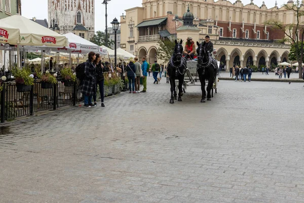 Cracóvia Polônia Outubro 2022 Carruagem Cavalo Tradicional Praça Principal Mercado — Fotografia de Stock