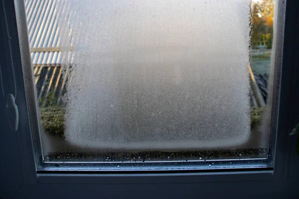 Frost Het Raam Glas Het Huis Gecondenseerde Koppel Textuur Winterconcept — Stockfoto