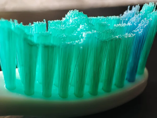 Escova Dentes Macro Nova Escova Dentes Com Cerdas Base Plástico — Fotografia de Stock
