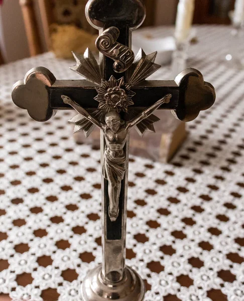 Silver Jesus cross. crucifix with metal Jesus Christ figure for prayer