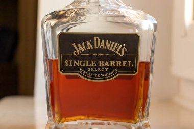 Warsaw Poland - January 25, 2023: Jack Daniels brand logo. bottle of Jack Daniels. Jack Daniel's is a brand of sour mash Tennessee whiskey 