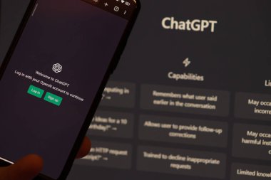 Warsaw Poland - February 24, 2023: ChatGPT login screen seen on smartphone screen. OpenAI chat bot