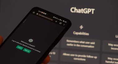 Warsaw Poland - February 24, 2023: ChatGPT login screen seen on smartphone screen. OpenAI chat bot
