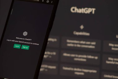 Warsaw Poland - February 24, 2023: ChatGPT login screen seen on smartphone screen. OpenAI chat bot