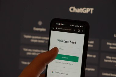 Warsaw Poland - February 24, 2023: ChatGPT login screen seen on smartphone screen. OpenAI chat bot