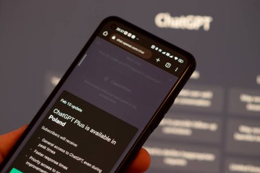 Warsaw Poland - February 24, 2023: ChatGPT Plus seen on smartphone screen. Chat gpt bot pro buy. Mobile screen