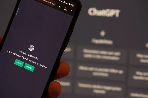 Warsaw Poland - February 24, 2023: ChatGPT login screen seen on smartphone screen. OpenAI chat bot