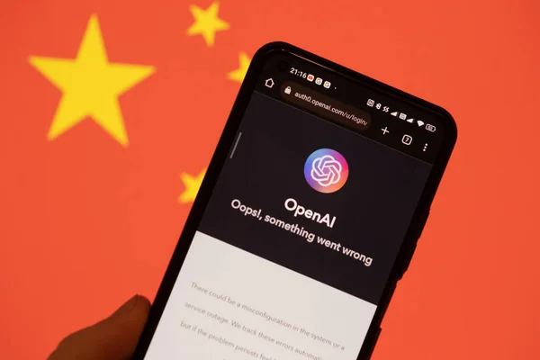 Warsaw Poland - February 24, 2023: OpenAI something went wrong on smartphone screen and CHina flag in background