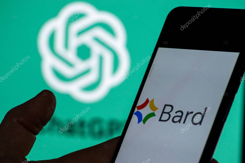 Warsaw Poland - July 24, 2023: Google Bard logo and Chat GPT on mobile device. AI chatbot technology