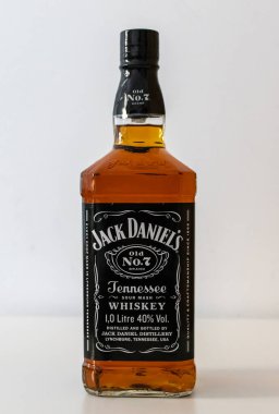 Warsaw Poland - January 25, 2023: Jack Daniels brand logo. bottle of Jack Daniels. Jack Daniel's is a brand of sour mash Tennessee whiskey 