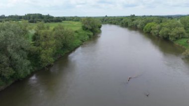 Polonya 'daki nehrin havadan görünüşü. Doğa su manzarası, yavaş çekim .