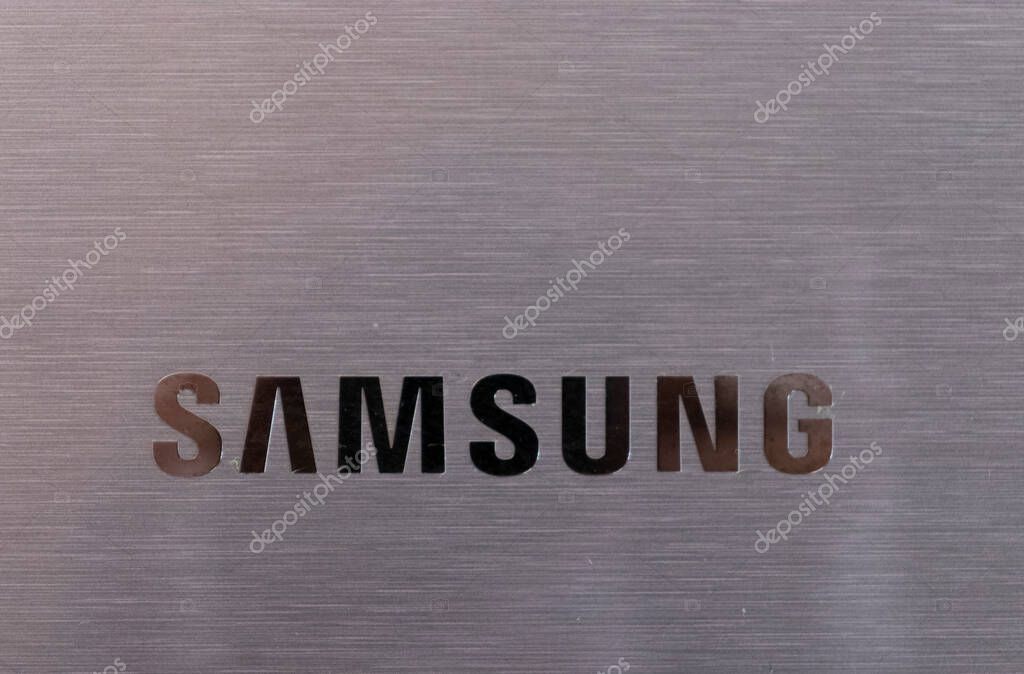 Warsaw, Poland - March 1, 2024: Samsung logo on gray background. Samsung inscription
