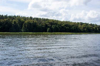 Bulutlu bir gökyüzünün altında yemyeşil ağaçlarla çevrili sakin bir göl manzarası. Huzurlu manzaralar arayan doğa meraklıları ve açık hava aşıkları için mükemmel..