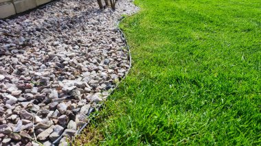 Düzgün bakılmış çimenleri ve dekoratif kaya kenarları olan bir bahçeye yakın plan çimen ve çakıl bölgeleri arasında temiz bir ayrım yaratıyor. Manzara tasarımı için ideal..