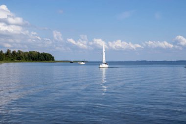 Mikolajki Polonya - 20 Eylül 2024: Bereketli yeşillik ve güzel mavi gökyüzü ile çevrili sakin göl sularında süzülen yelkenli manzarası.