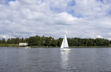 Mikolajki Polonya - 20 Eylül 2024: Bereketli yeşillik ve güzel bulutlu gökyüzü ile çevrili gölde süzülen bir yelkenlinin sakin bir sahnesi.