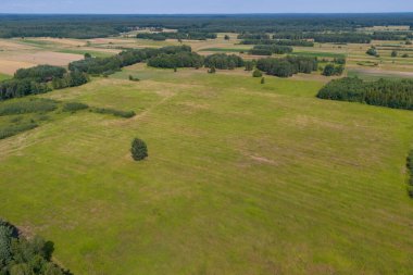 Geniş yeşil alanlar ve ormanların havadan görünüşü kırsal kesimdeki doğanın güzelliğini gösteriyor..