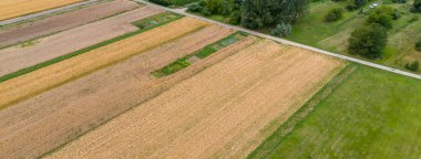 Aerial view of vast agricultural fields showcasing different crop patterns and textures in earthy tones surrounded by lush greenery.