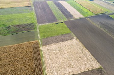 Aerial view of colorful agricultural fields showcasing different crops and soil types under a clear blue sky. clipart