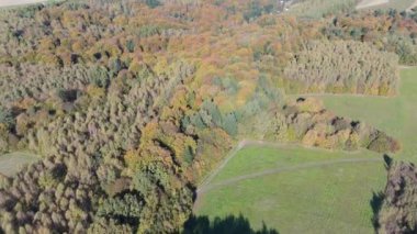 Renkli ormanın üzerindeki sonbahar hava manzarası. Güzel sonbahar ormanı. Sonbahar ormanı üzerinde alçak uçuş