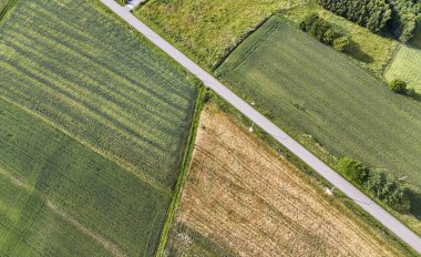 Canlı yeşil ve kahverengi tarlaların bulunduğu kırsal bir arazinin havadan görünüşü düz bir yol ile kesişiyor ve tarım arazisinin güzelliğini vurguluyor..