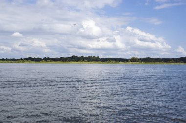 Sakin suların sakin manzarası gökyüzünü yansıtır dağınık bulutlar ve yemyeşil arka planda.