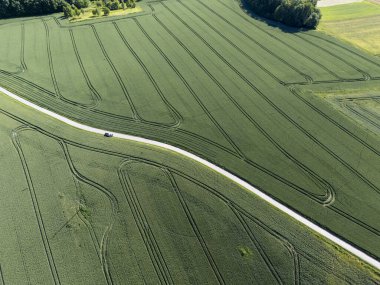 Temiz bir gökyüzünün altında, yeşil çayırların arasından geçen, dolambaçlı bir yolun hava manzarası güzel kırsal manzarayı gözler önüne seriyor.
