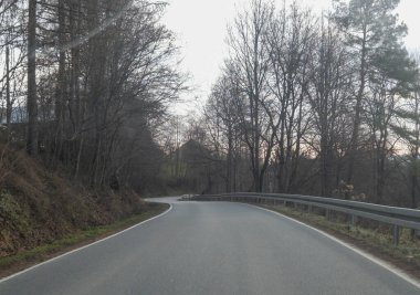 Sabahın erken saatlerinde çıplak ağaçlar ve yumuşak yamaçlarla çevrili dingin bir ormanın içinden geçen dolambaçlı bir yol.