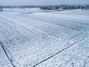 Aerial view of a snowy field with fresh snow covering the landscape creating a serene winter scene clipart