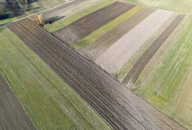Farklı tarım alanlarının havadan görünüşü farklı toprak şekilleri ve ekin aşamaları gösteriyor. Canlı yeşil ve kahverengi renkler kırsal manzaraların güzelliğini gösteriyor..