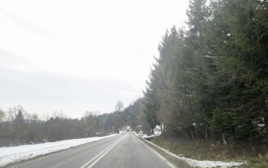 Kış yolu, karla kaplı sakin bir manzarayı gözler önüne seren yeşil ağaçlarla çevrili.