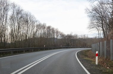 Bulutlu bir gökyüzünün altında çıplak ağaçlarla çevrili dolambaçlı bir yol gezginler ve doğa meraklıları için huzurlu ve görkemli bir manzara sunuyor..