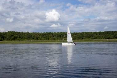 Mikolajki Polonya - 29 Eylül 2024: Bereketli yeşilliklerle çevrili sakin sularda süzülen sakin bir yelkenli ve dinlenmek için huzurlu bir atmosfer yaratan parlak bir gökyüzü.