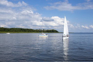 Mikolajki Polonya - 29 Eylül 2024: Açık mavi gökyüzü altında yemyeşil kıyı şeritli sakin bir göl üzerindeki yelkenlilerin manzarası