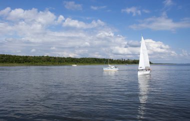 Mikolajki Polonya - 29 Eylül 2024: Mavi gökyüzü altındaki sakin sularda yüzen yelkenliler, yumuşacık bulutlar, doğanın güzelliğini ve boş zamanlarını yansıtıyor.