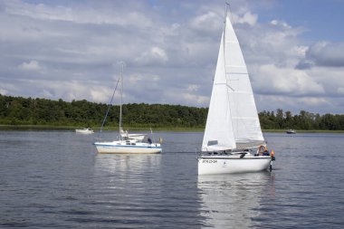 Mikolajki Polonya - 29 Eylül 2024: Bulutlu bir gökyüzünün altında yemyeşil arkaplanlı göldeki yelkenli manzarası