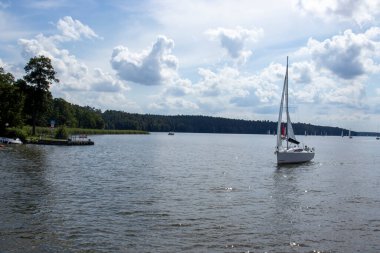 Mikolajki Polonya - 29 Eylül 2024: Bereketli yeşillik ve kabarık bulutlarla çevrili sakin göl üzerinde sakin bir yelkenli manzarası. Manzara ve seyahat temaları için mükemmel.