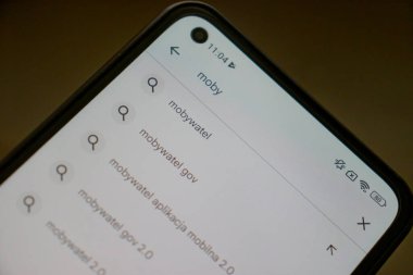 Varşova Polonya - 17 Ocak 2025: Birden fazla önerisi olan bir arama ekranını gösteren bir akıllı telefonun yakın çekimi. Teknoloji ve iletişim temaları için mükemmel.