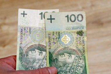 İki Polonya 100 zloti banknotunun yakın plan çekimi. Karmaşık tasarımlar ve ayrıntılar sergileniyor. Para birimini ve finans değerini sembolize ediyor..