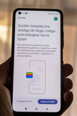 Varşova Polonya - 10 Mart 2025: Cep telefonu ve finansal hizmetler için dijital cüzdan uygulaması gösteren bir kişinin yakın çekimi.