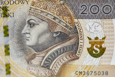 Bu resim, Kral Zygmunt 'un yer aldığı 200 zloti' lik Polonya banknotunun ayrıntılı tasarımını gözler önüne seriyor..