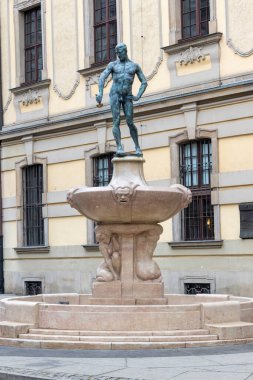Wroclaw Polonya - 23 Şubat 2025: Wroclaw Üniversitesi önünde genç bir sporcunun bronz heykeli bulunan grevci bir çeşme duruyor.