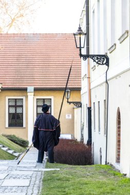 Wroclaw Polonya - 23 Şubat 2025: Tarihi bir cadde boyunca yürüyen ve geçmişi nostaljiyle aydınlatan geleneksel giyimli bir lamba.