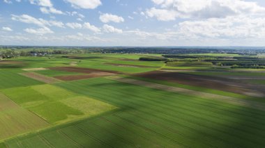 Bahar mevsiminde tarımsal manzaralar gösteren bulutlarla dolu mavi bir gökyüzünün altında, geniş yeşil alanlar ve kahverengi alanlar..