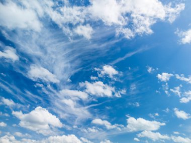 Pofuduk beyaz bulutlarla dolu canlı mavi gökyüzü huzurlu ve huzurlu bir atmosfer yaratıyor. Arka plan doğa temaları ve hava ile ilgili içerik için ideal.