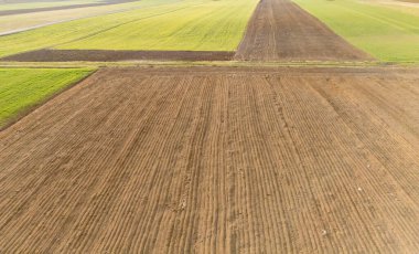 Tarım alanlarının havadan görünüşü, parlak güneş ışığı altındaki canlı yeşil ekin kesimleriyle çelişen taze sürülmüş kahverengi toprağı gösteriyor..