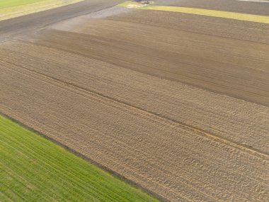 Parlak güneş ışığı altında zengin kahverengi toprak ve yemyeşil çimlerin sergilendiği tarım alanlarının havadan görünüşü kırsal araziyi ve tarım uygulamalarını vurguluyor.