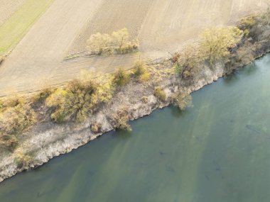 Su ve tarım arazileri arasındaki dinamik kontrastı gösteren seyrek ağaçlarla dolu bir nehir kıyısının havadan görünüşü.