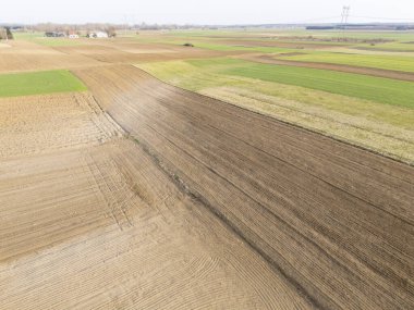 Tarımsal alanların havadan görünüşü toprak desenleri ve arazi kullanımı ve kırsal manzarayı gösteren canlı yeşil yamalar gösteriyor.